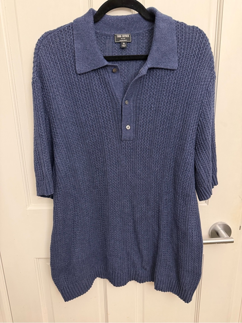 Todd Snyder Indigo Textured Knit V-Neck Polo Sweater
